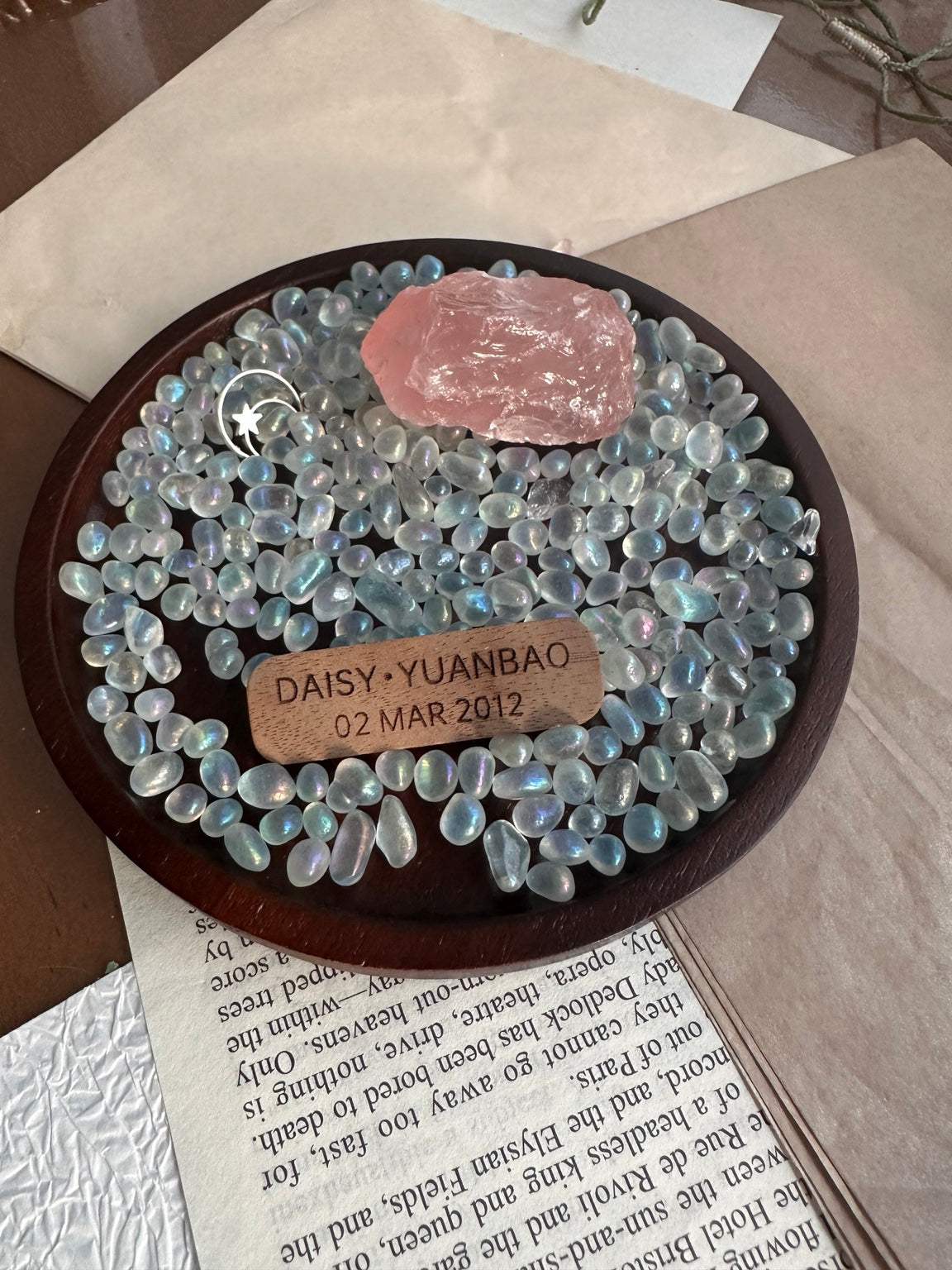 Madagascar Rose Quartz & Moonstone Crystal Dish | 13cm Acacia Wood | Free Custom Engraving