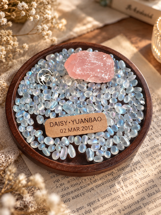 Madagascar Rose Quartz & Moonstone Crystal Dish | 13cm Acacia Wood | Free Custom Engraving