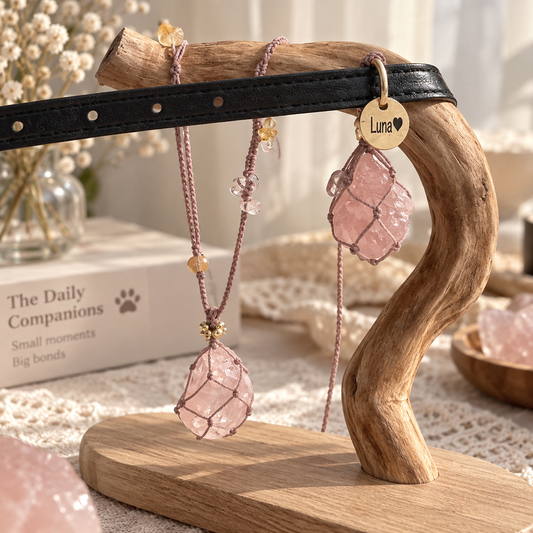 Madagascar Rose Quartz Owner & Pet Matching Set | Blush Brown Cord Necklace & Pet Pendant