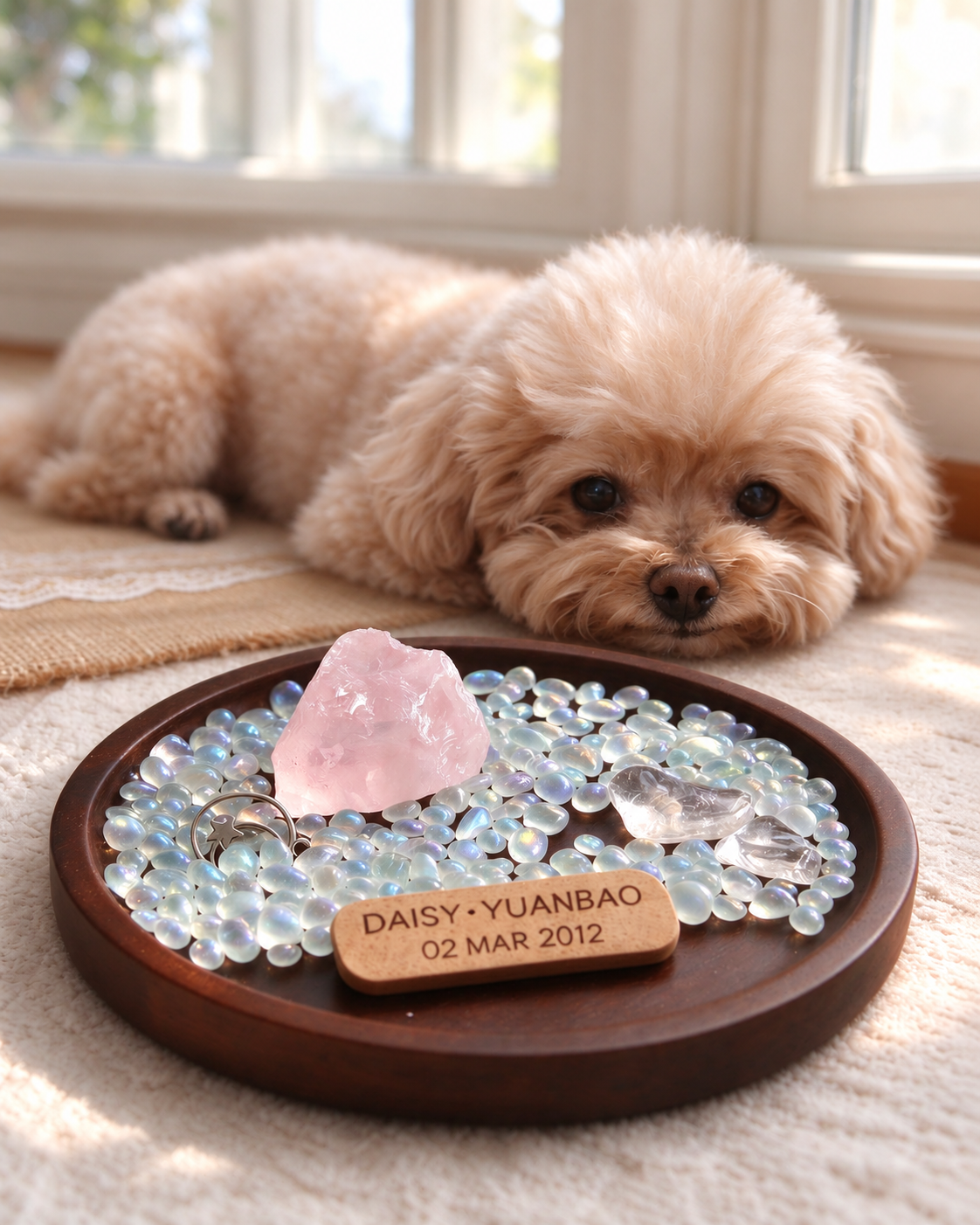A small dog resting beside a wooden crystal dish with rose quartz, moonstone, and an engraved tag.