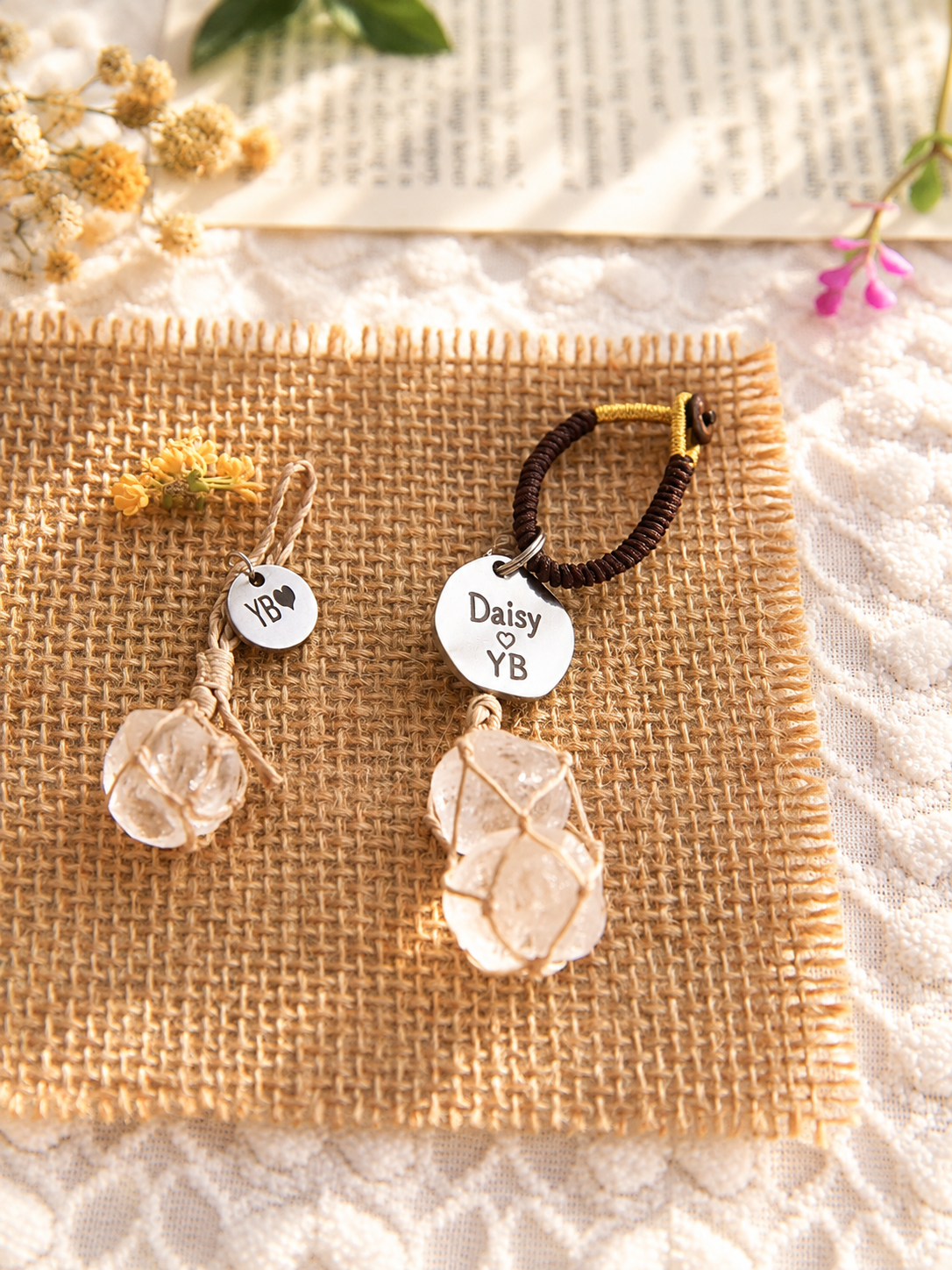 Beige cord Clear Quartz pet and owner matching set with a single-stone pet pendant, double-stone bag charm and personalized round tags