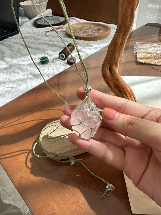Light Raw Rose Quartz Necklace | Handwoven Green Waxed Cord