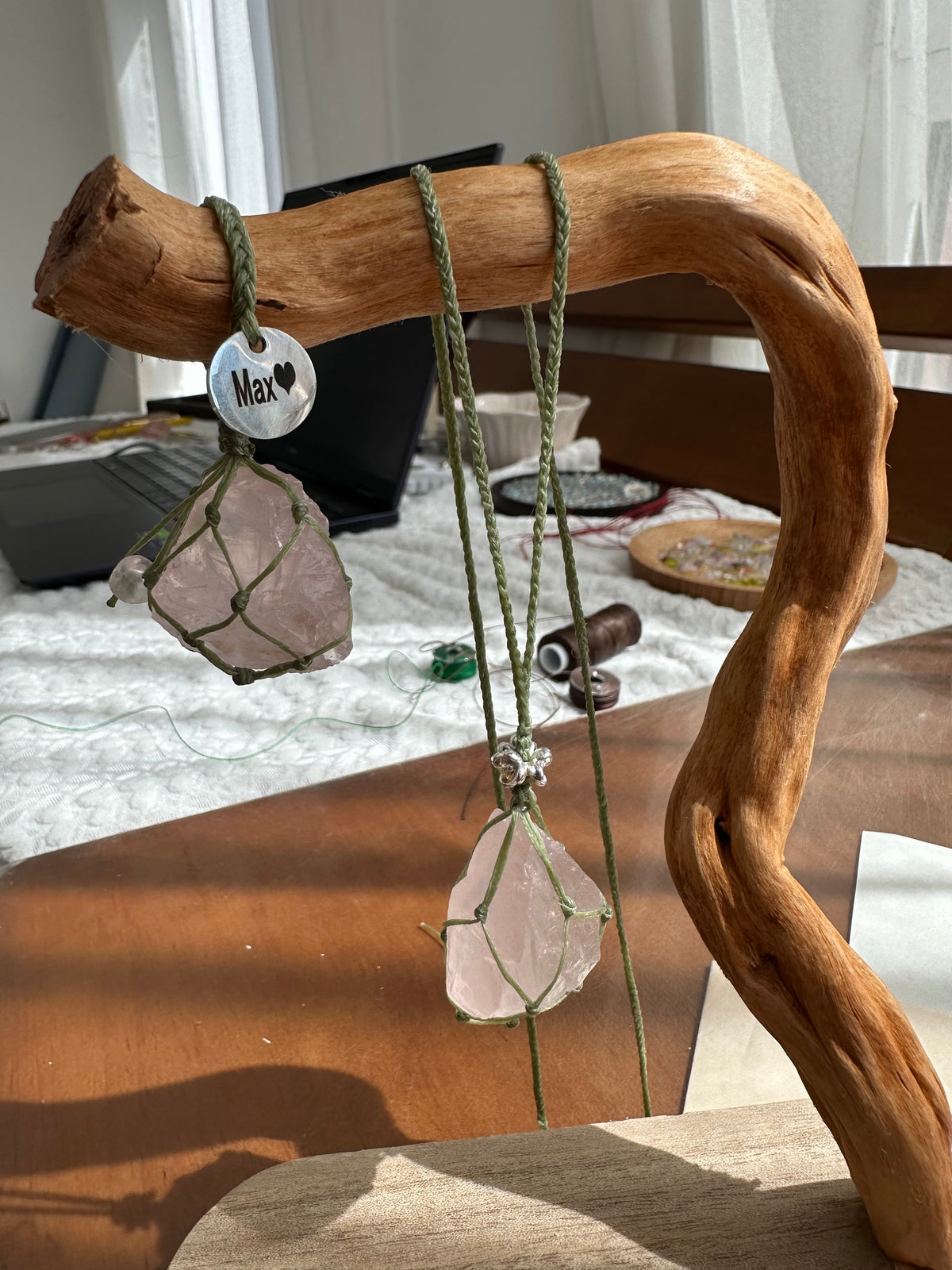 Light Rose Quartz Owner & Pet Matching Set | Green Cord Necklace & Pet Pendant