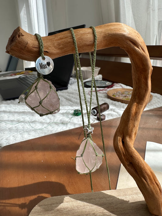 Light Rose Quartz Owner & Pet Matching Set | Green Cord Necklace & Pet Pendant