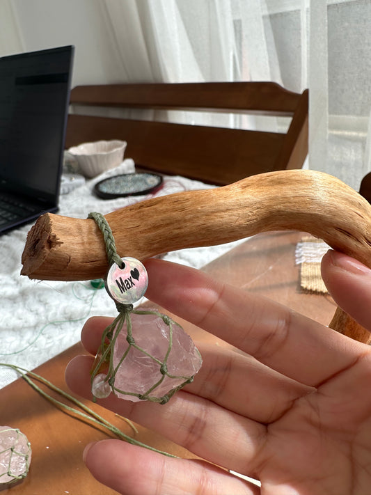 Light Rose Quartz Pet Pendant | Green Handwoven Cord & Personalized Tag
