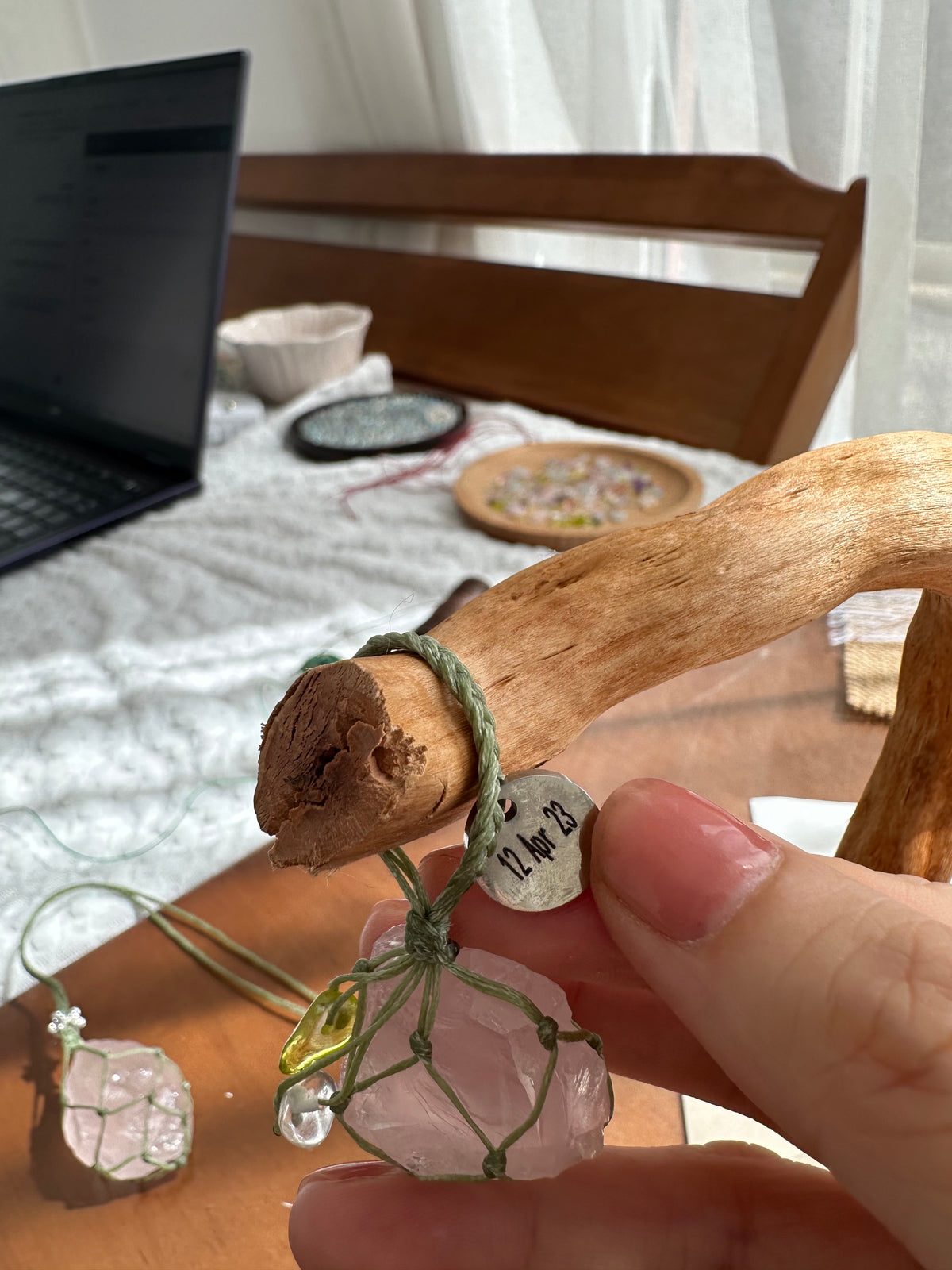 Light Rose Quartz Owner & Pet Matching Set | Green Cord Necklace & Pet Pendant
