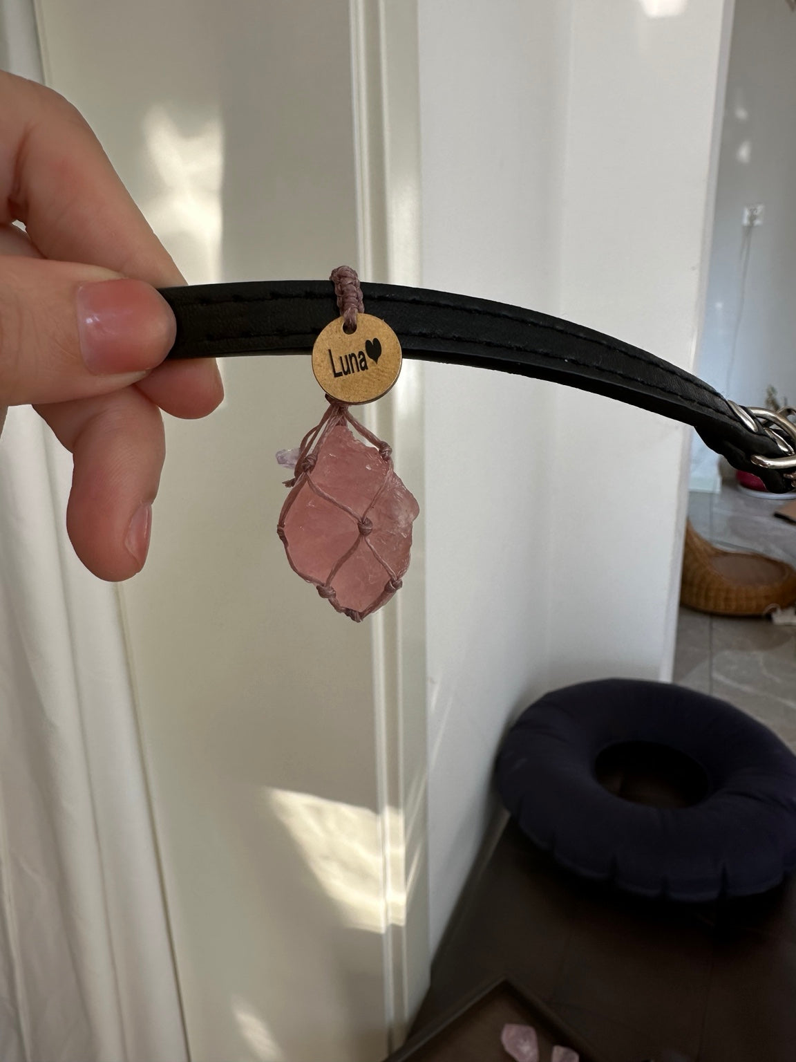 Rose Quartz Adjustable Round Pet Pendant for Collar | NO Collar Included, Free Custom Engraving