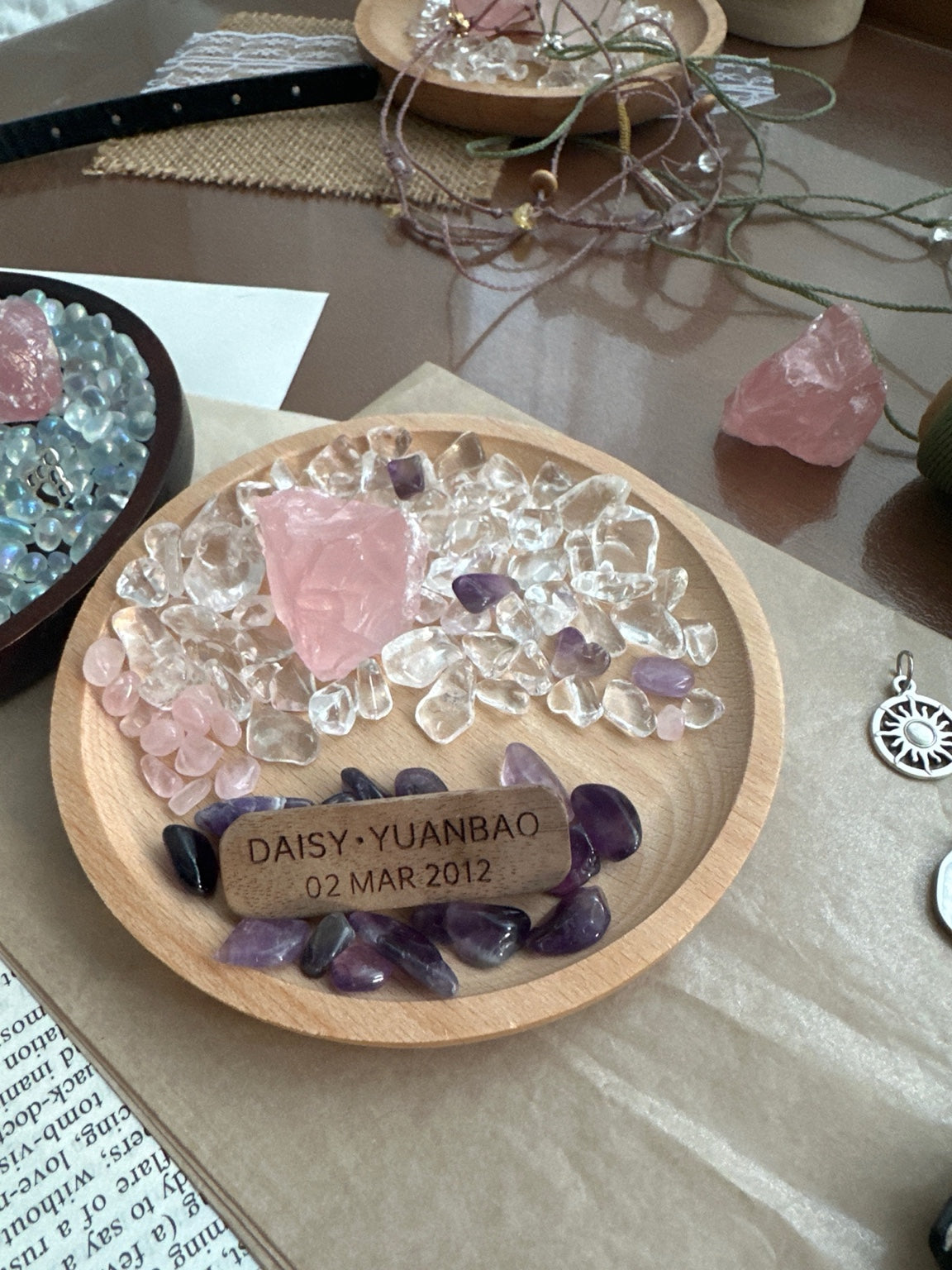 Madagascar Rose Quartz & Clear Quartz Crystal Dish | 12cm Beech Wood | Free Custom Engraving