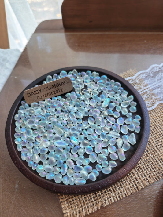 Acacia Wood & Moonstone Crystal Memorial Display Tray | Personalized Double-Sided Engraved Tag