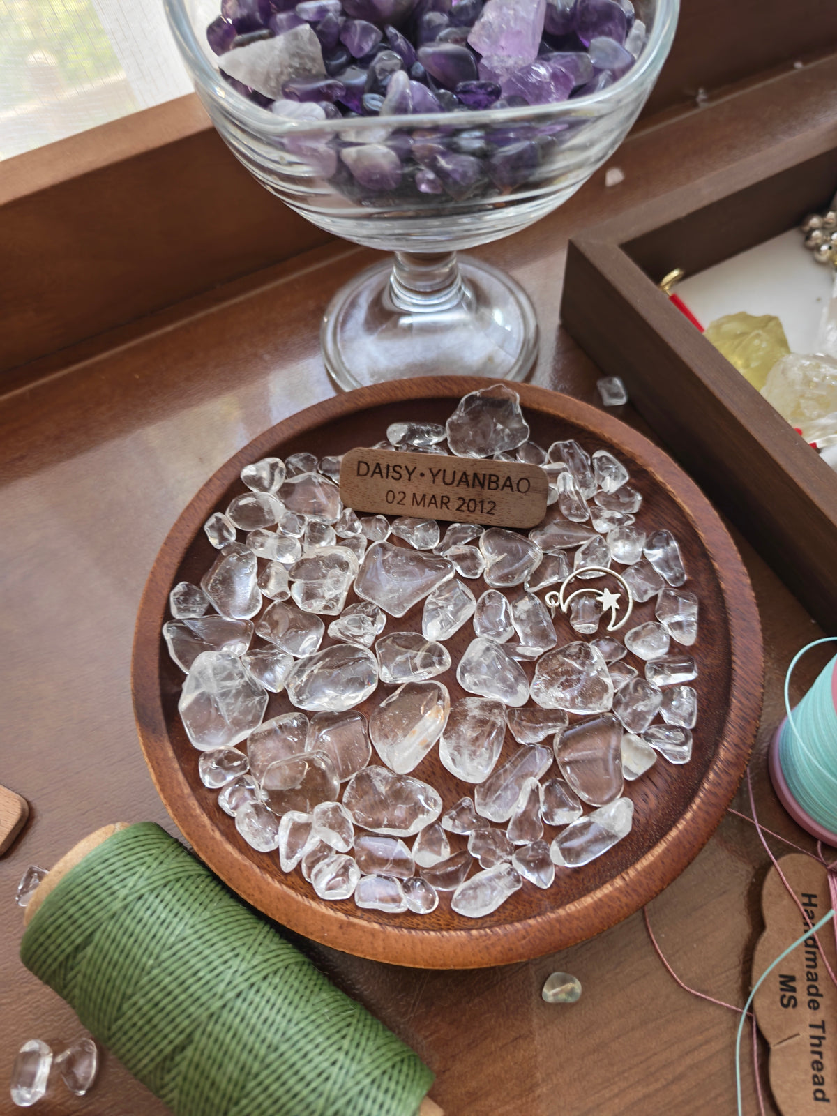 Walnut Wood & High-Quality Clear Quartz Memorial Display Tray | Personalized Double-Sided Engraved Tag