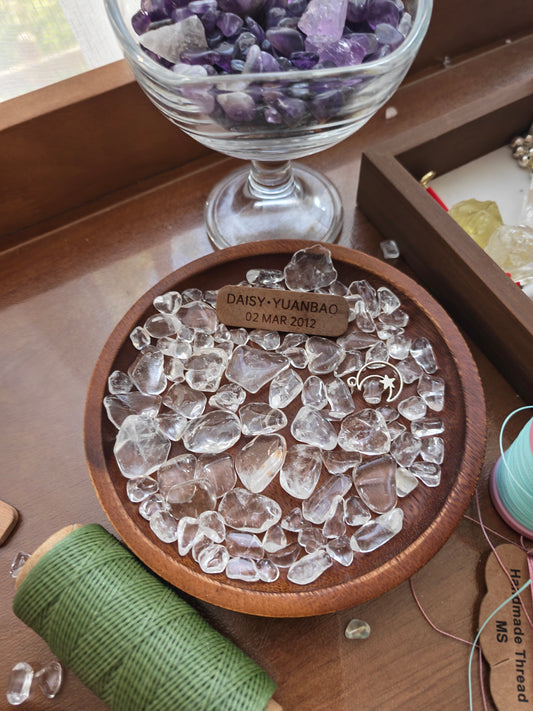Walnut Wood & High-Quality Clear Quartz Memorial Display Tray | Personalized Double-Sided Engraved Tag