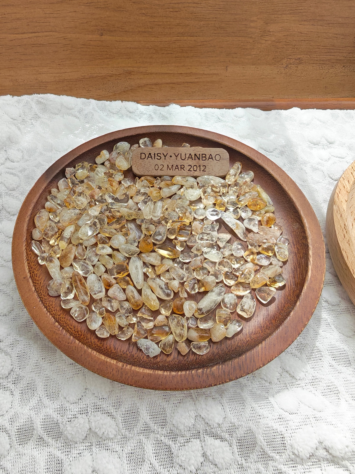 Walnut Wood & Citrine Crystal Memorial Display Tray | Personalized Double-Sided Engraved Tag