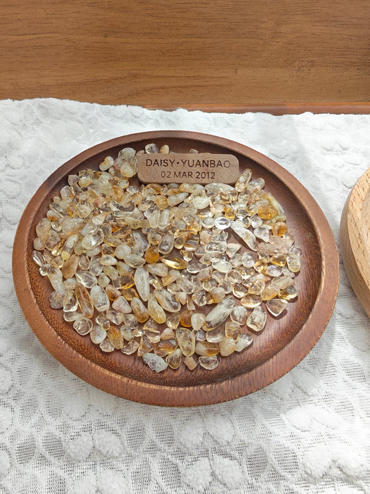 Walnut Wood & Citrine Crystal Memorial Display Tray | Personalized Double-Sided Engraved Tag