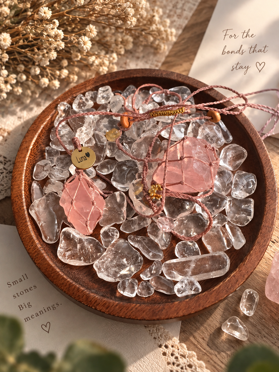 Clear Quartz Charging Dish | 13cm Walnut Wood Crystal Tray
