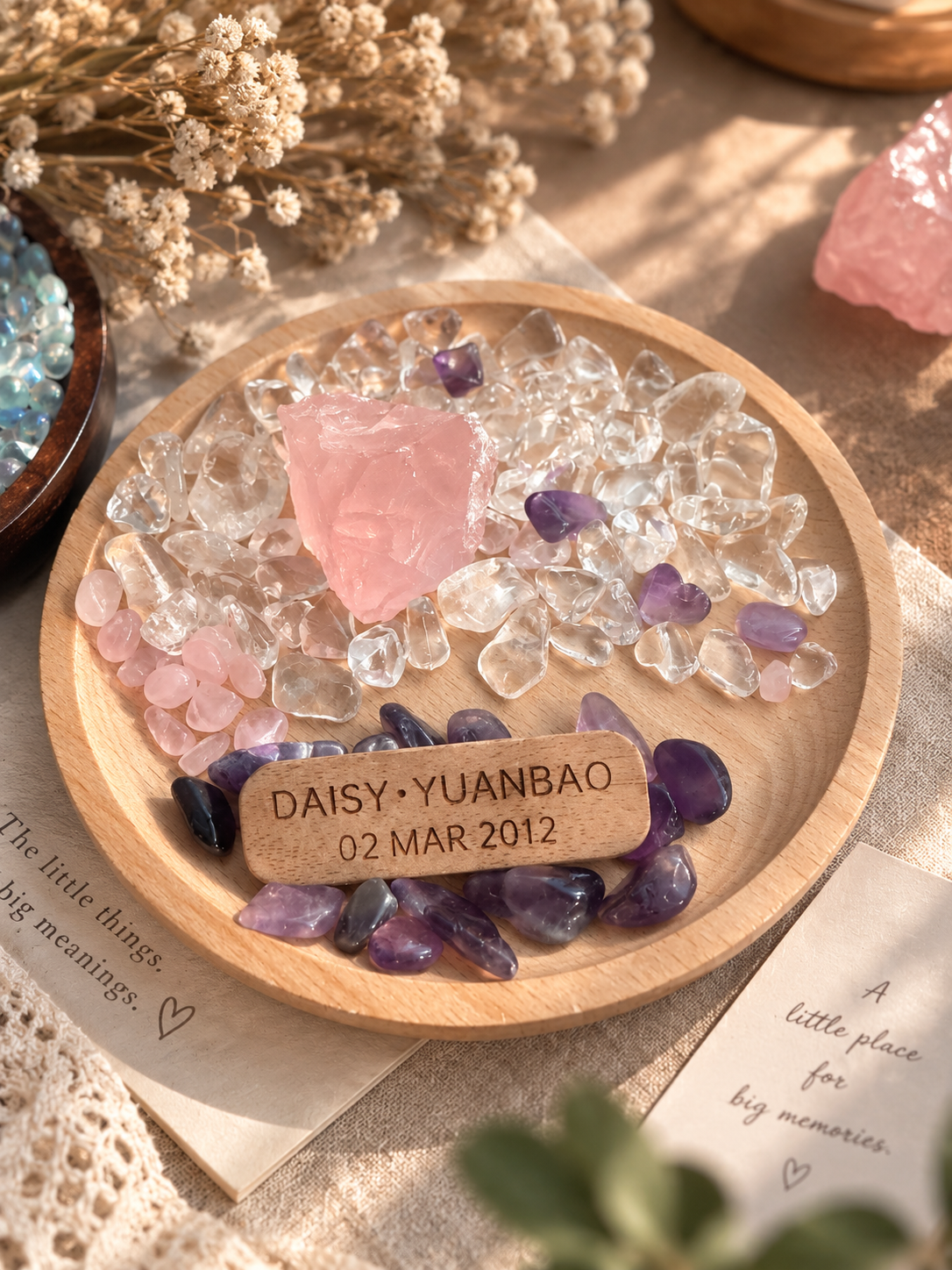 Madagascar Rose Quartz & Clear Quartz Crystal Dish | 12cm Beech Wood | Free Custom Engraving
