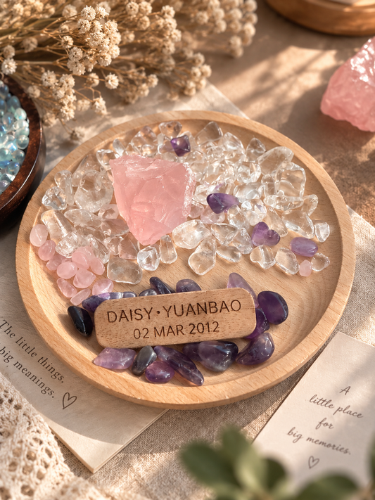 Madagascar Rose Quartz & Clear Quartz Crystal Dish | 12cm Beech Wood | Free Custom Engraving