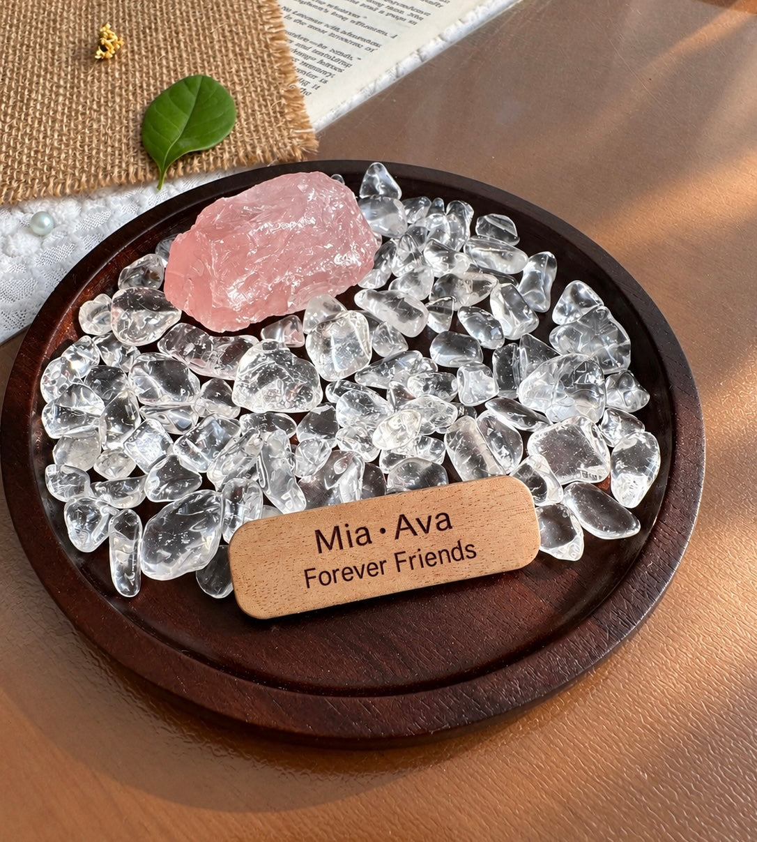 Dark acacia wood DIY gift dish, base rose quartz and clear quartz configuration, with Mia · Ava / Forever Friends engraving.